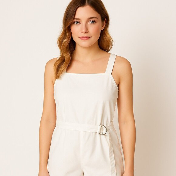 Sincerly Jules Pants - Sincerely Jules White Belted Sleeveless‎ Romper Size Large Beach Resortwear